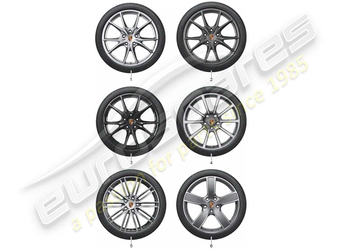 porsche tequipment 98x/99x (2020) 1 set aluminium rims with part diagram