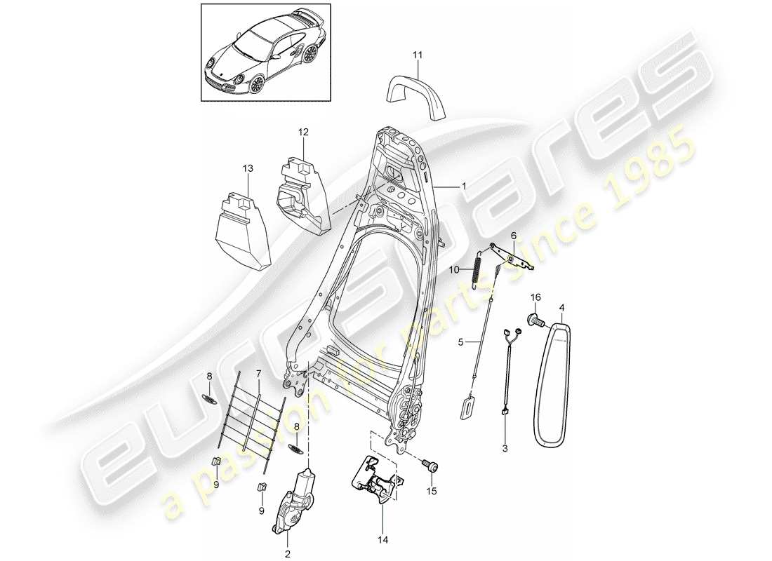 porsche 911 t/gt2rs (2012) backrest frame part diagram