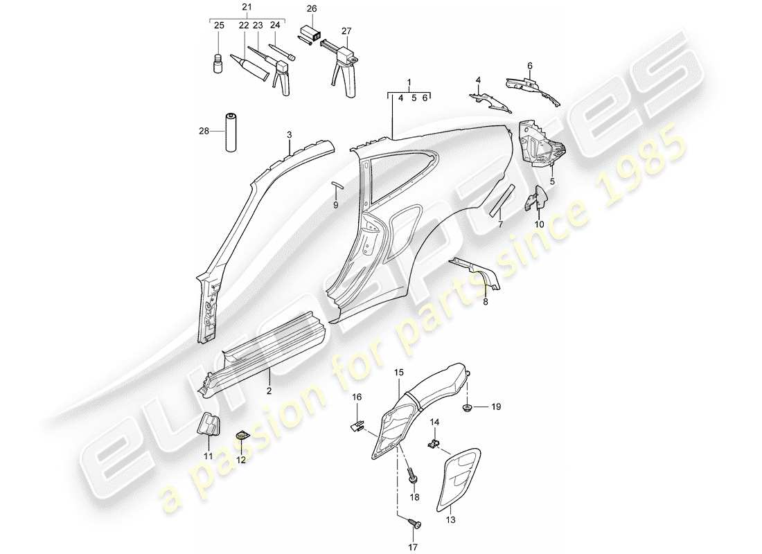 porsche 997 t/gt2 (2008) side panel part diagram