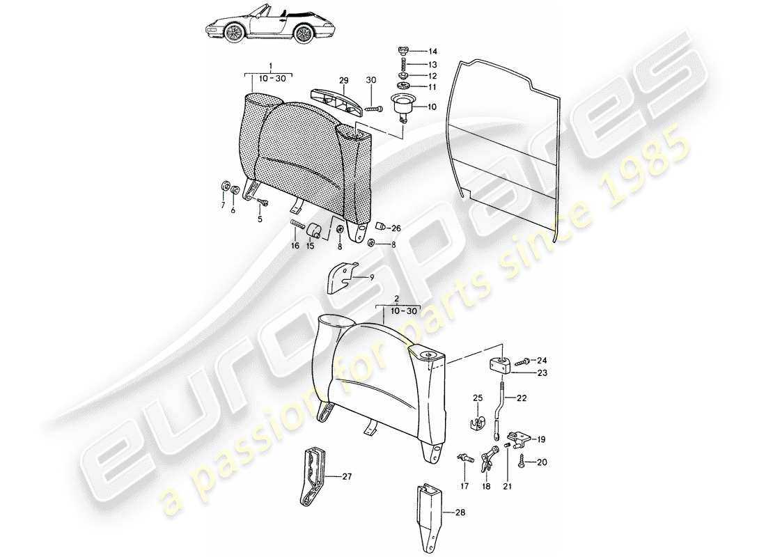 porsche seat 944/968/911/928 (1986) emergency seat backrest - with: - release button - d - mj 1994>> - mj 1998 part diagram