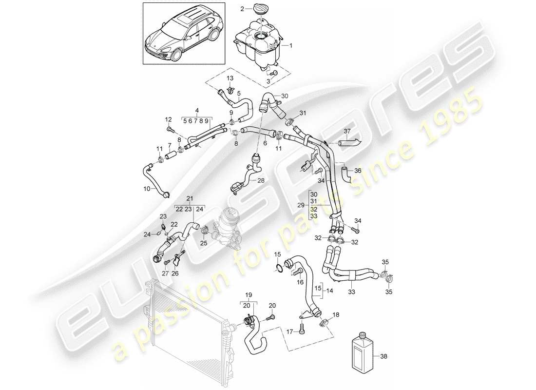 porsche cayenne e2 (2015) water cooling 4 part diagram