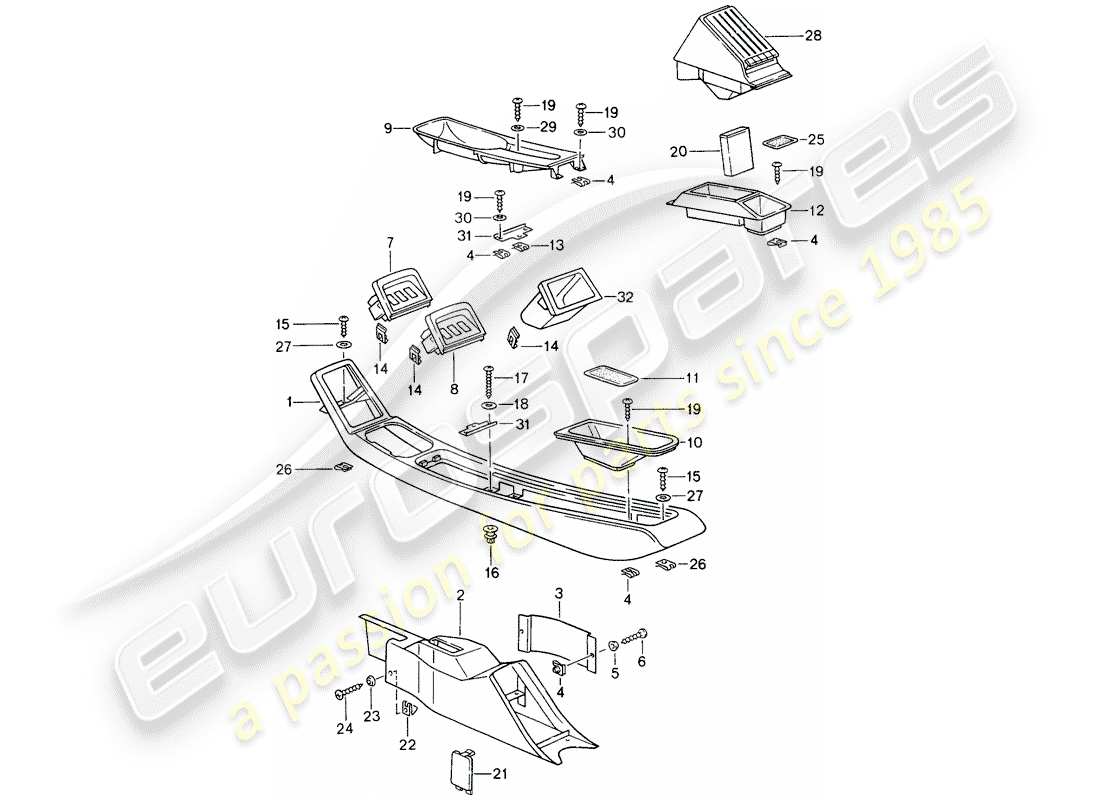 porsche 993 (1998) center console part diagram