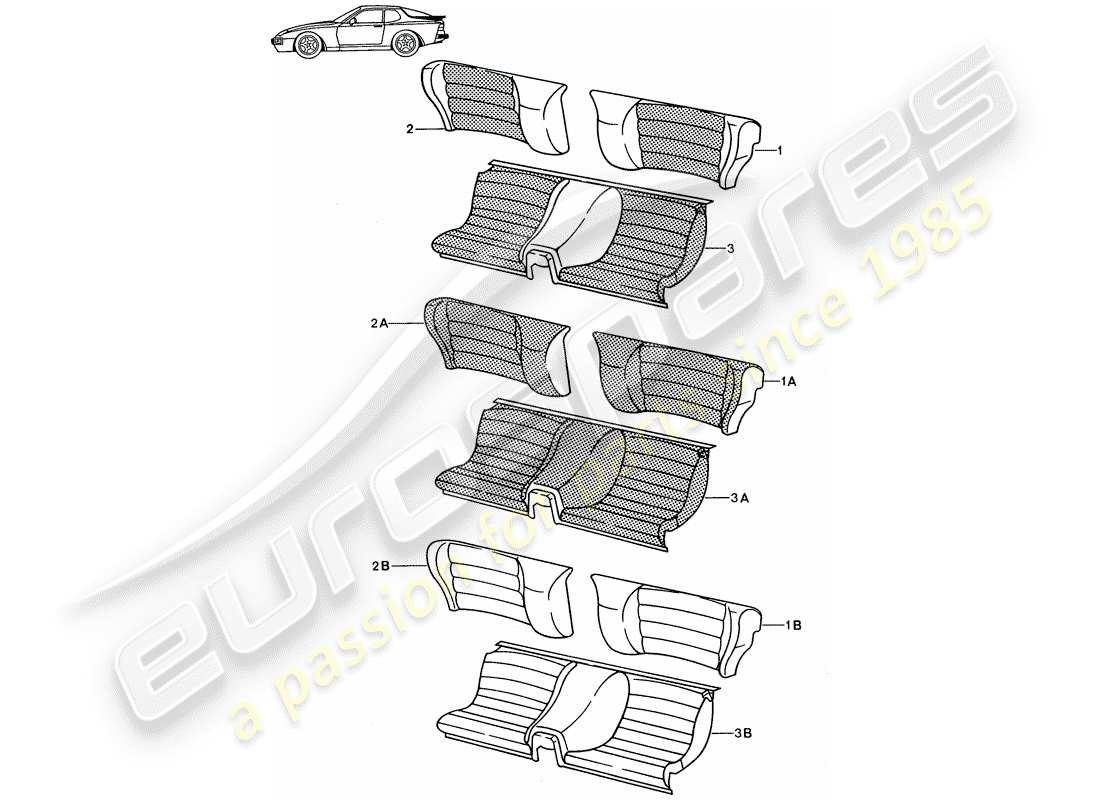 porsche seat 944/968/911/928 (1988) emergency seat - complete - divided - d - mj 1989>> - mj 1991 part diagram