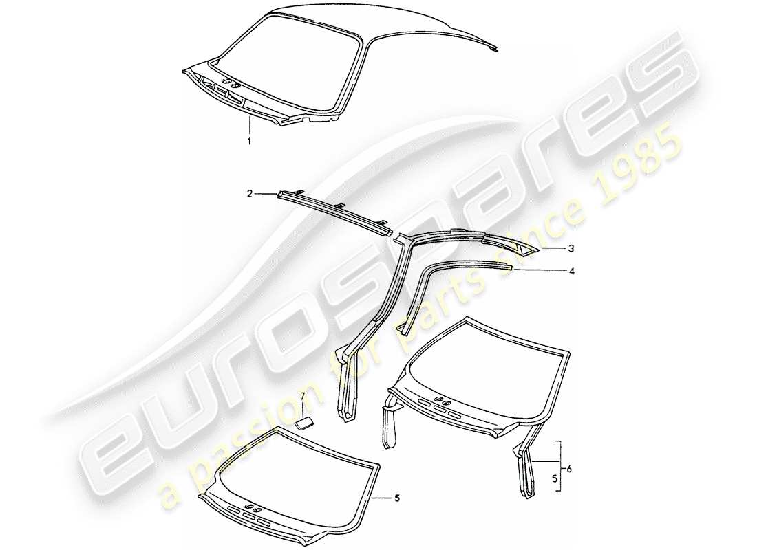 porsche 993 (1995) outer roof panel - windshield frame part diagram