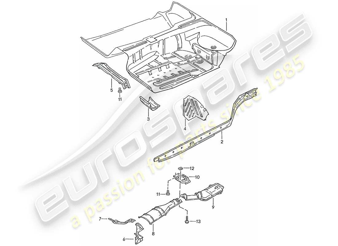 porsche 928 (1987) floor pan - frame part diagram