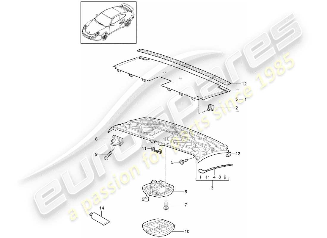 porsche 997 t/gt2 (2008) top frame part diagram