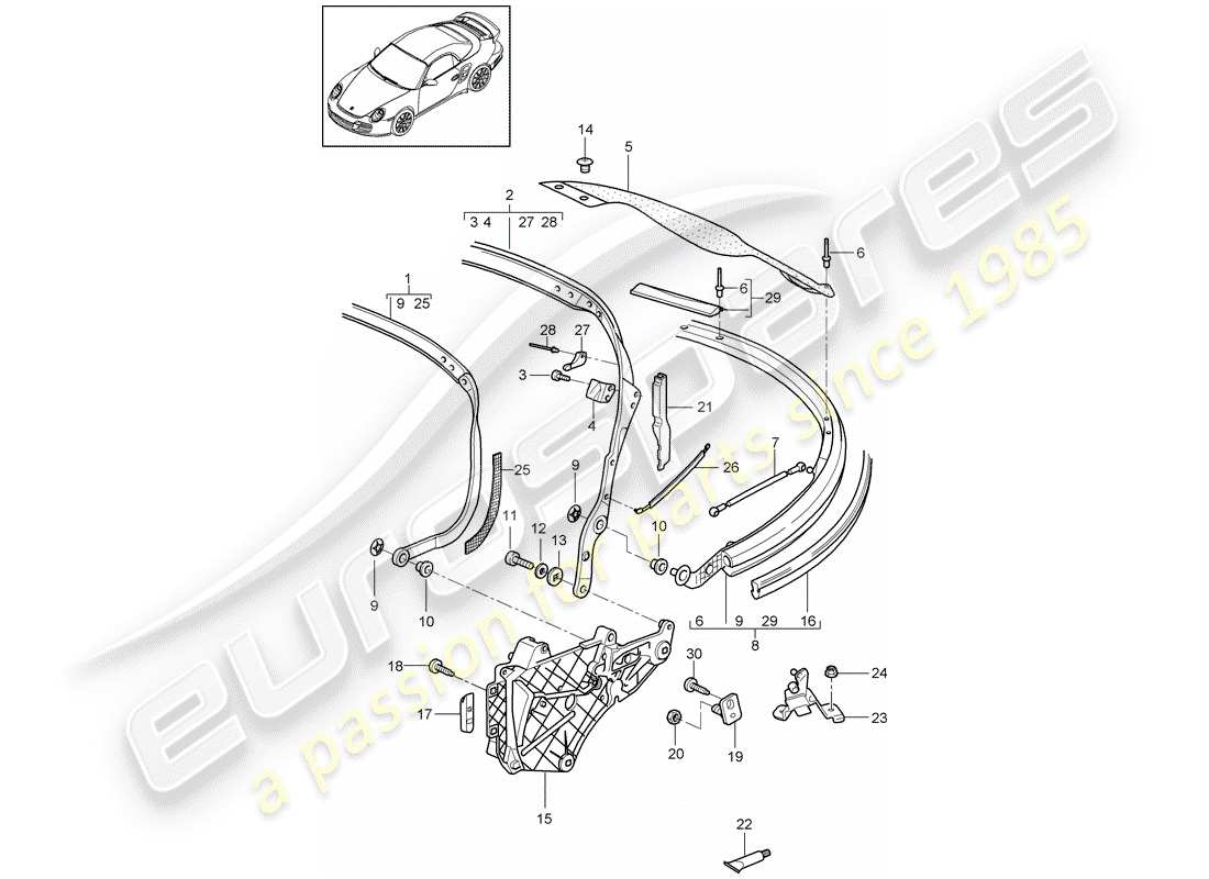 porsche 997 t/gt2 (2008) top frame part diagram