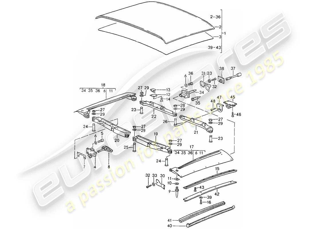 porsche 964 (1993) soft top part diagram