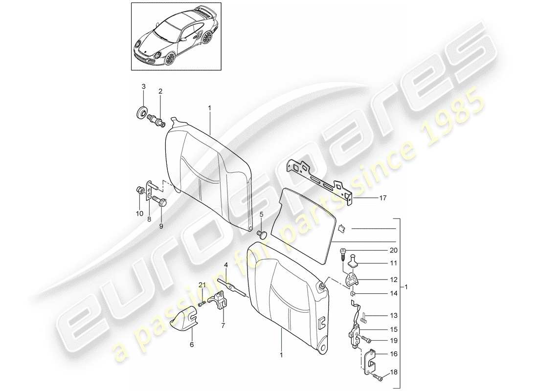 porsche 911 t/gt2rs (2011) emergency seat backrest part diagram