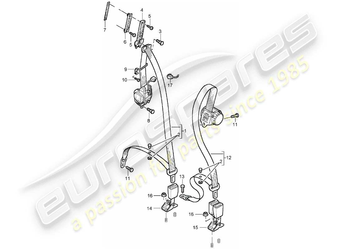 porsche cayenne (2006) three-point seat belt part diagram