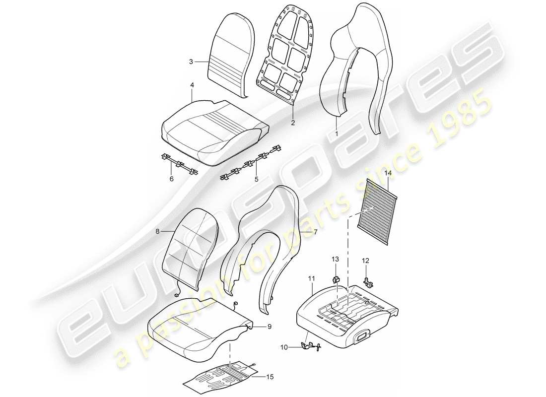 porsche boxster 986 (1999) backrest covers - seat covers - foam part - sports seat part diagram