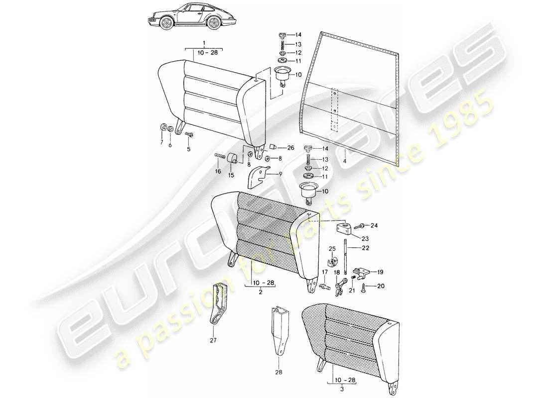 porsche seat 944/968/911/928 (1993) emergency seat backrest - with: - release button - - d - mj 1991>> - mj 1994 part diagram