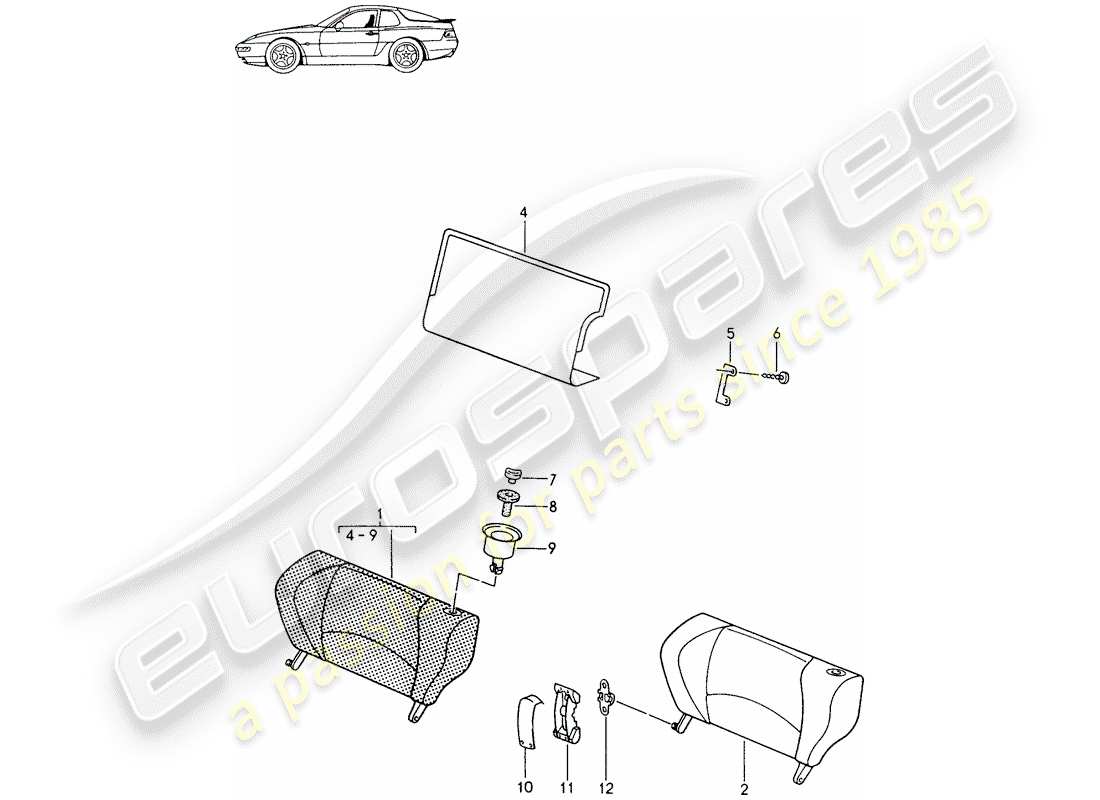 porsche seat 944/968/911/928 (1993) emergency seat - backrest - with: - release button - d - mj 1994>> - mj 1995 part diagram