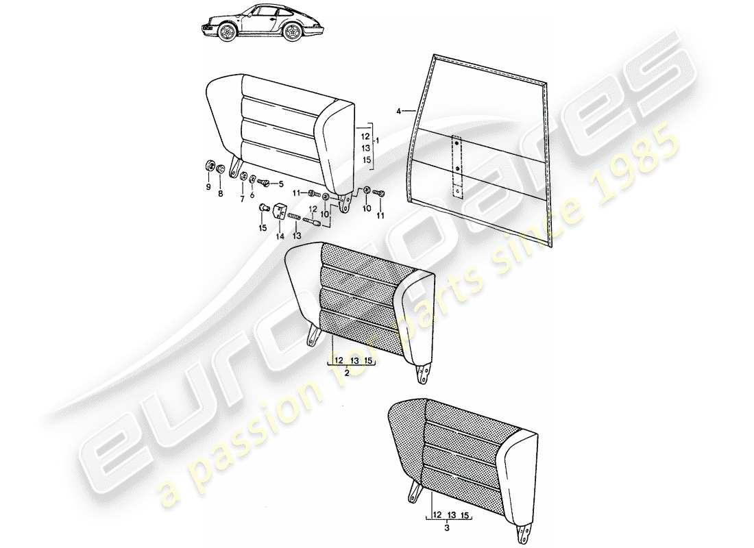 porsche seat 944/968/911/928 (1985) emergency seat backrest - with: - pull-type release - d - mj 1989>> - mj 1991 part diagram