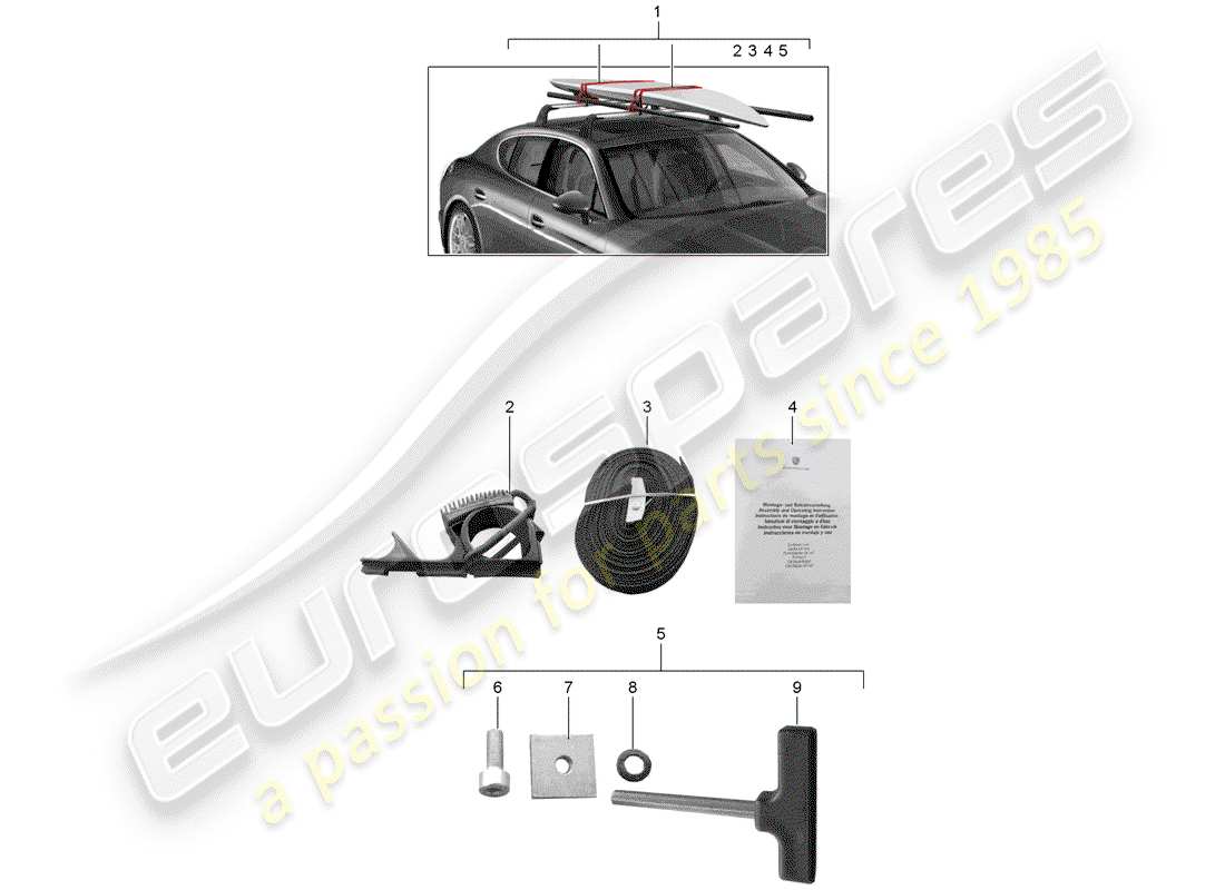 porsche tequipment panamera (2012) surf board carrier part diagram