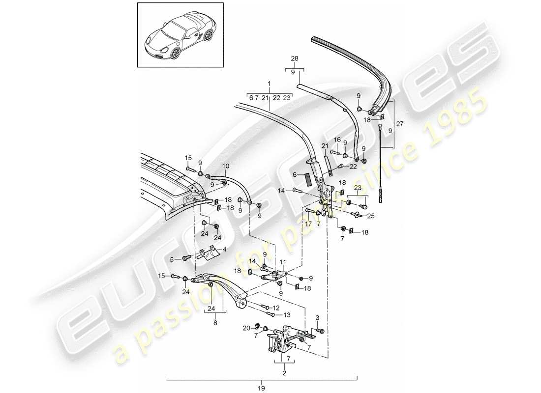 porsche boxster 987 (2006) top frame part diagram