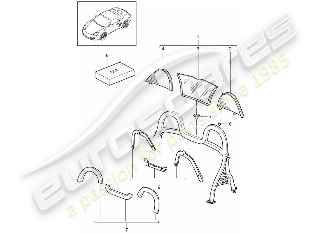 porsche boxster 987 (2009) windscreen part diagram