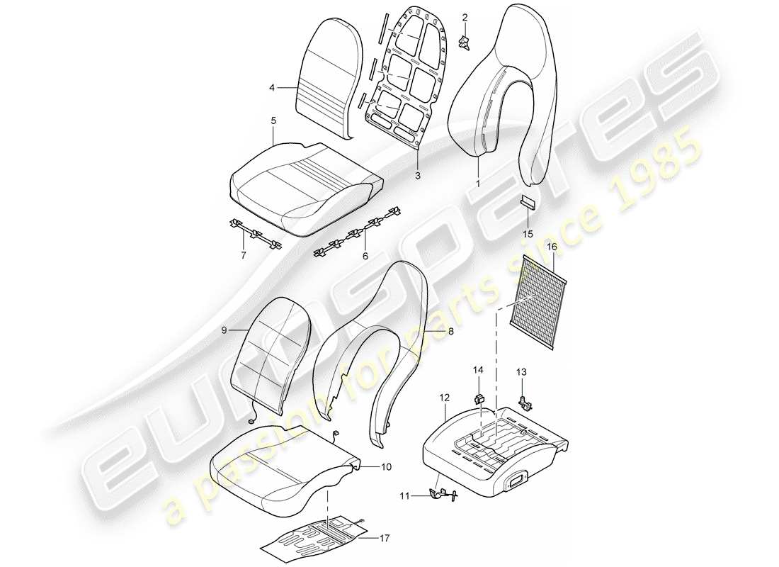 porsche boxster 986 (2004) seat covers - backrest covers - foam part - standard seat - comfort seat part diagram