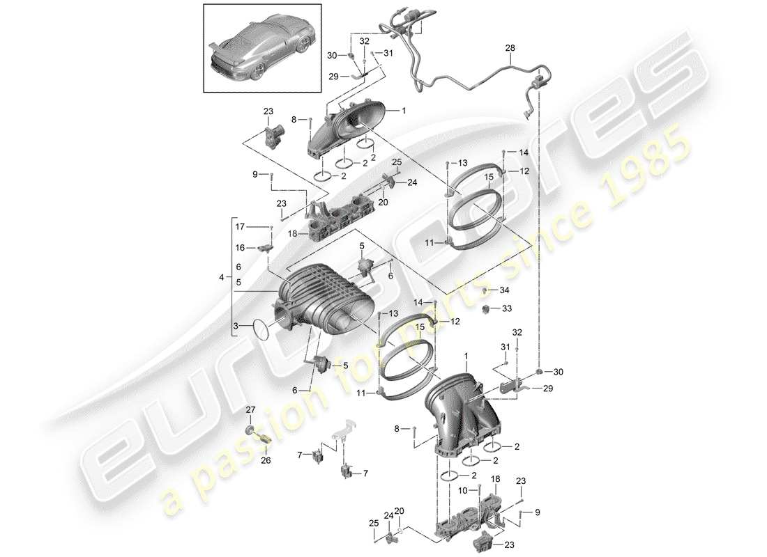 porsche 991r/gt3/rs (2018) intake system part diagram