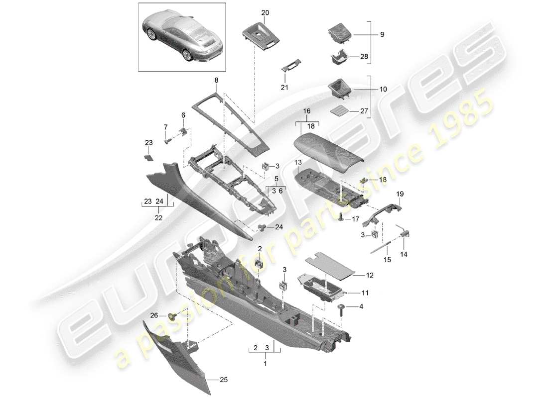 porsche 991r/gt3/rs (2018) center console part diagram