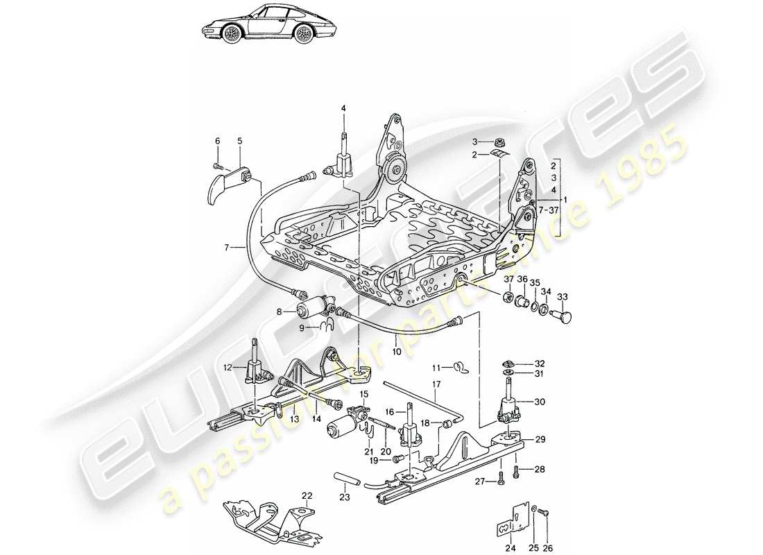 porsche seat 944/968/911/928 (1993) frame for seat - sports seat - elect. vertical adjustment - d - mj 1995>> - mj 1998 part diagram