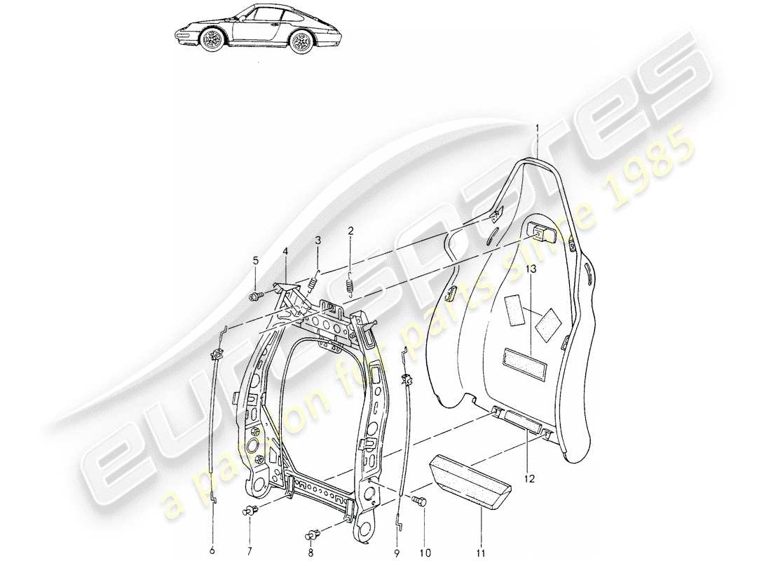 porsche seat 944/968/911/928 (1987) sports seat - - - backrest frame - single parts - d - mj 1995>> - mj 1998 part diagram