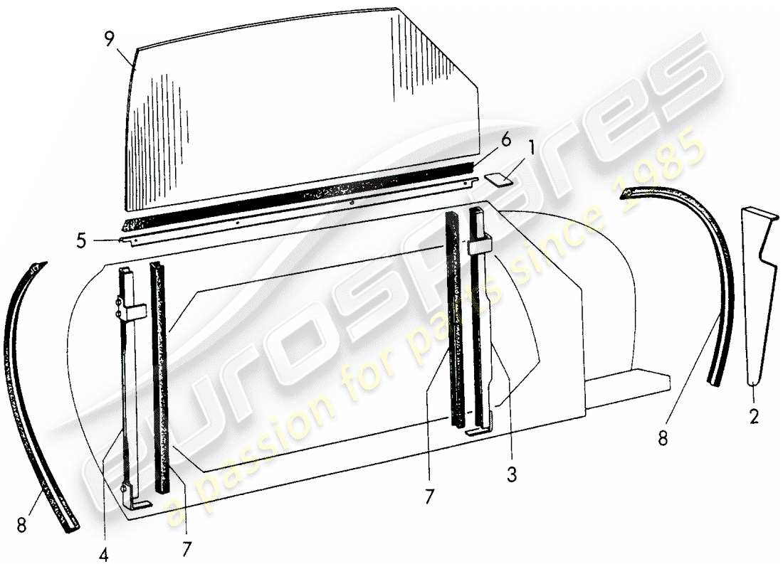 porsche 356/356a (1951) door window part diagram