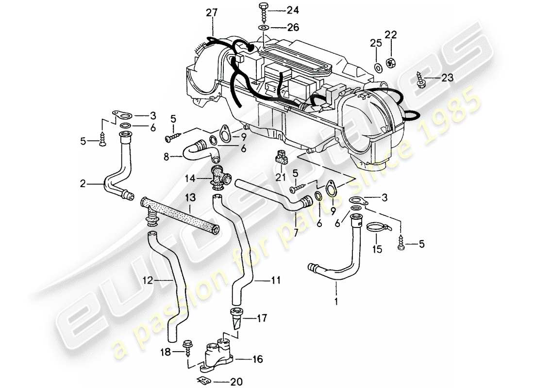 porsche 993 (1998) water drain pipe - mount - harness - heater - air conditioner part diagram