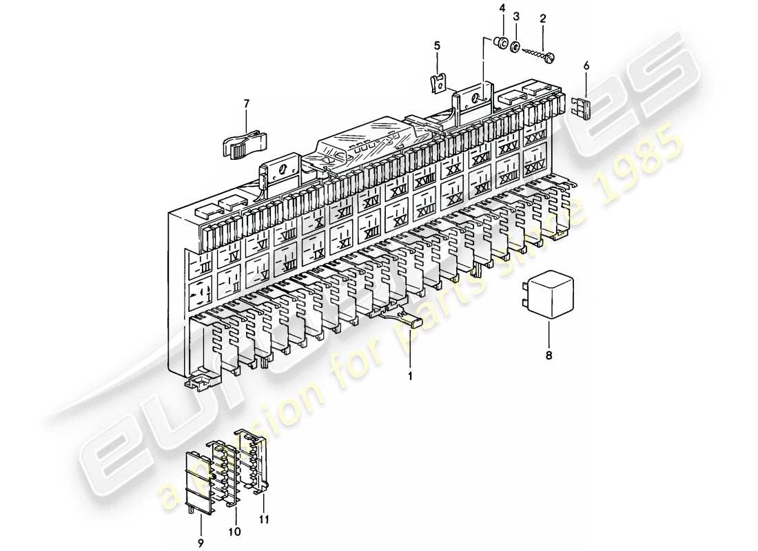 porsche 928 (1984) fuse box/relay plate - relay - fuse - f >> 92-fs848 408 - f >> 92-fs849 589 - see technical information - d - mj 1985>> part diagram