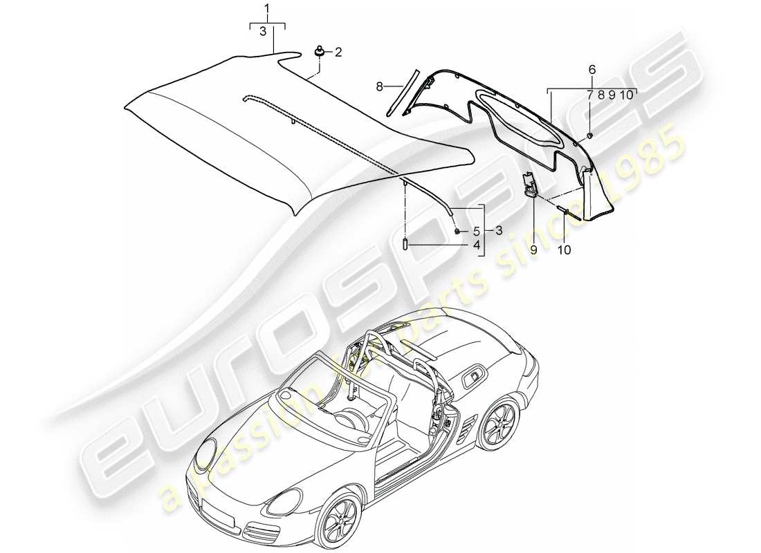 porsche boxster 987 (2012) convertible top covering part diagram