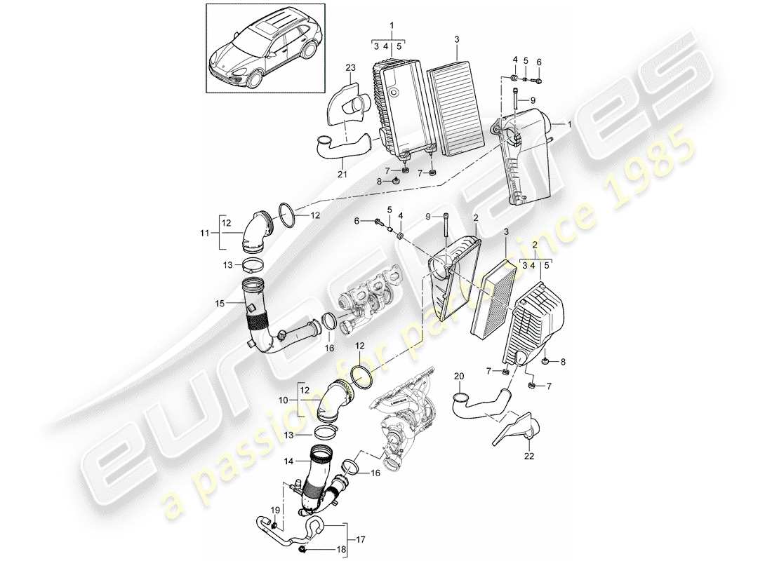 porsche cayenne e2 (2014) air cleaner with connecting part diagram