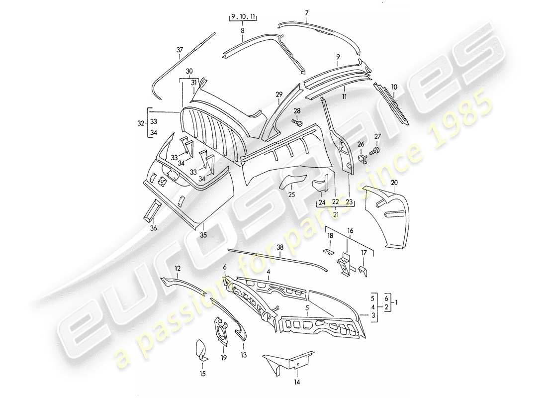 porsche 356/356a (1959) body shell - interior panelling part diagram