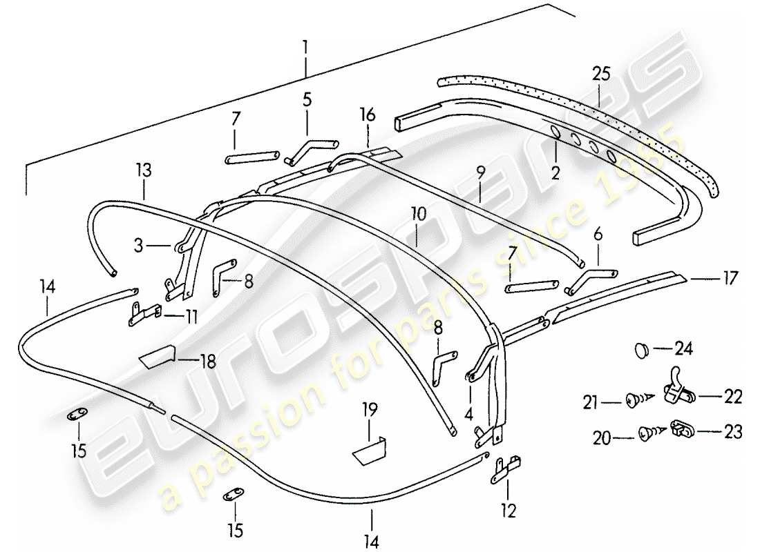 porsche 356/356a (1959) top frame - tonneau cover part diagram