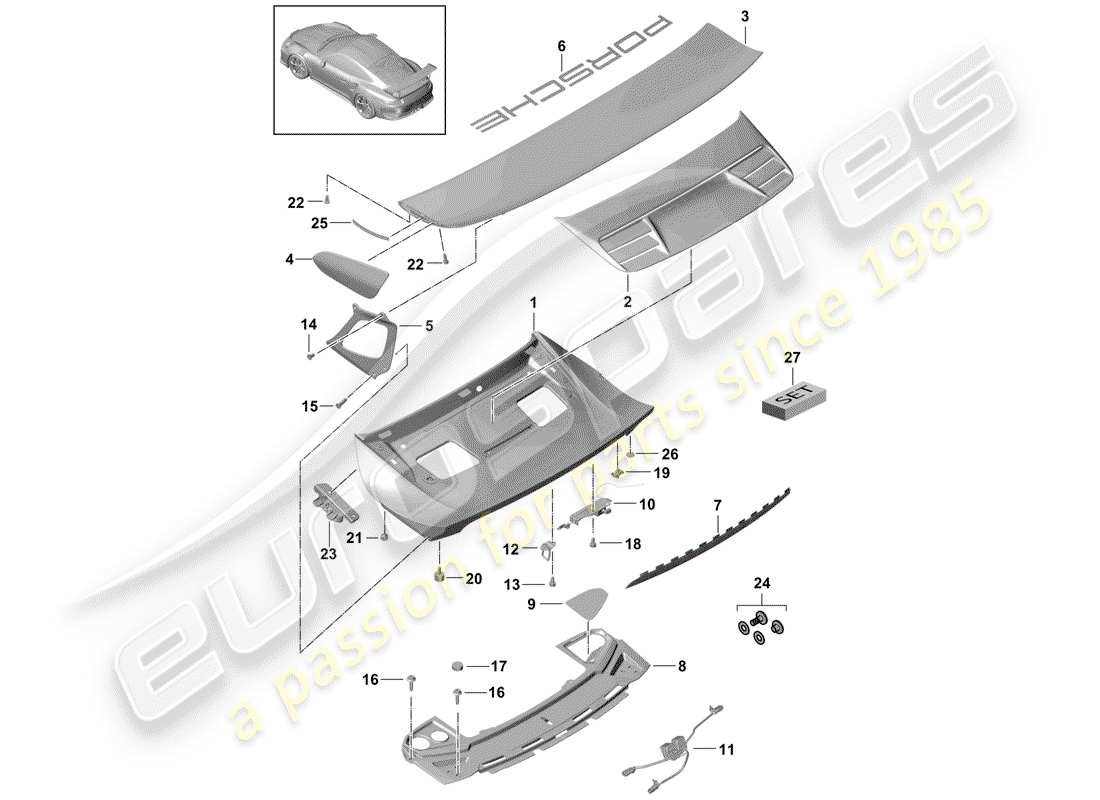 porsche 991r/gt3/rs (2019) rear trunk lid part diagram