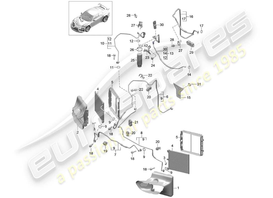 porsche 991r/gt3/rs (2019) refrigerant circuit part diagram