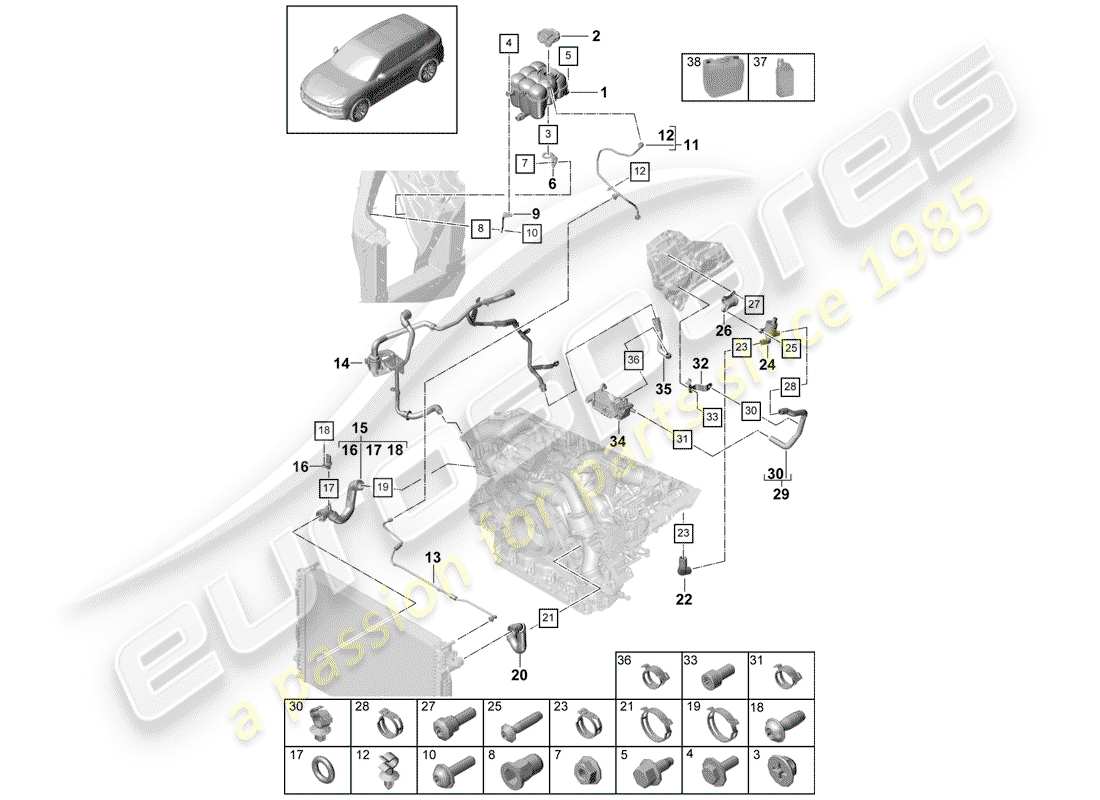 porsche cayenne e3 (2018) water cooling part diagram