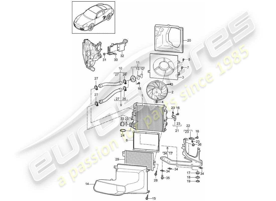 porsche cayman 987 (2010) water cooling 3 part diagram