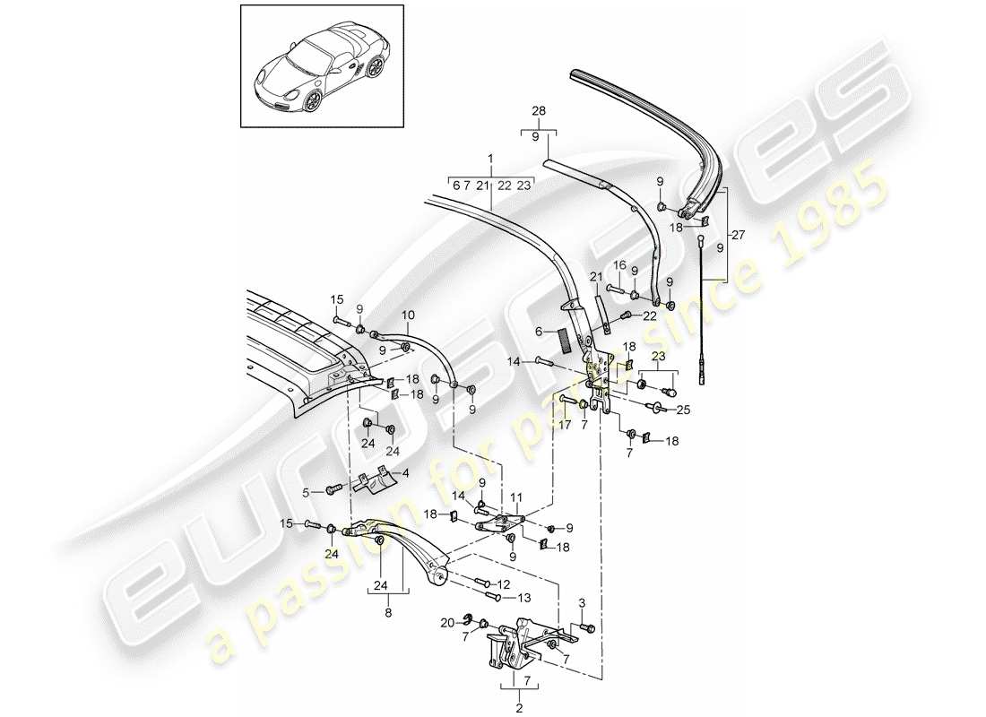 porsche boxster 987 (2012) top frame part diagram