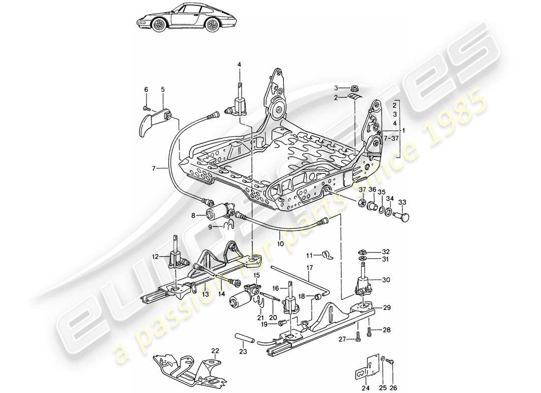 porsche seat 944/968/911/928 (1987) frame for seat - sports seat - elect. vertical adjustment - d - mj 1994>> - mj 1994 part diagram