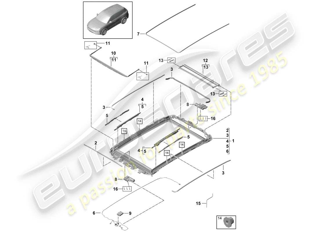 porsche cayenne e3 (2018) glass roof part diagram