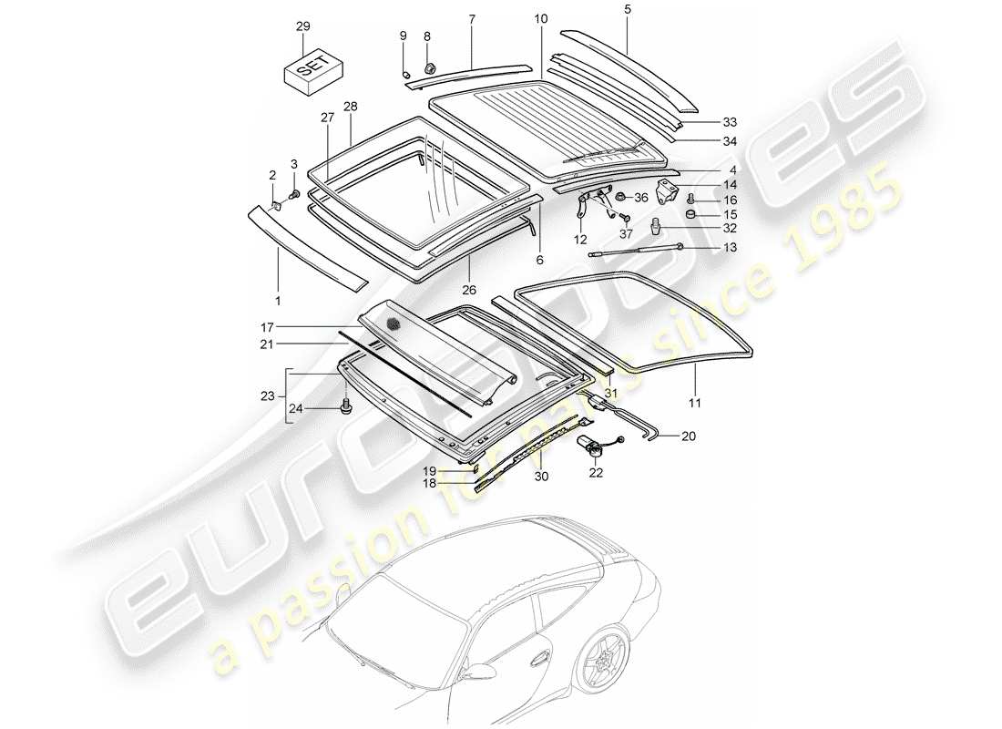 porsche 997 gen. 2 (2011) glass roof part diagram