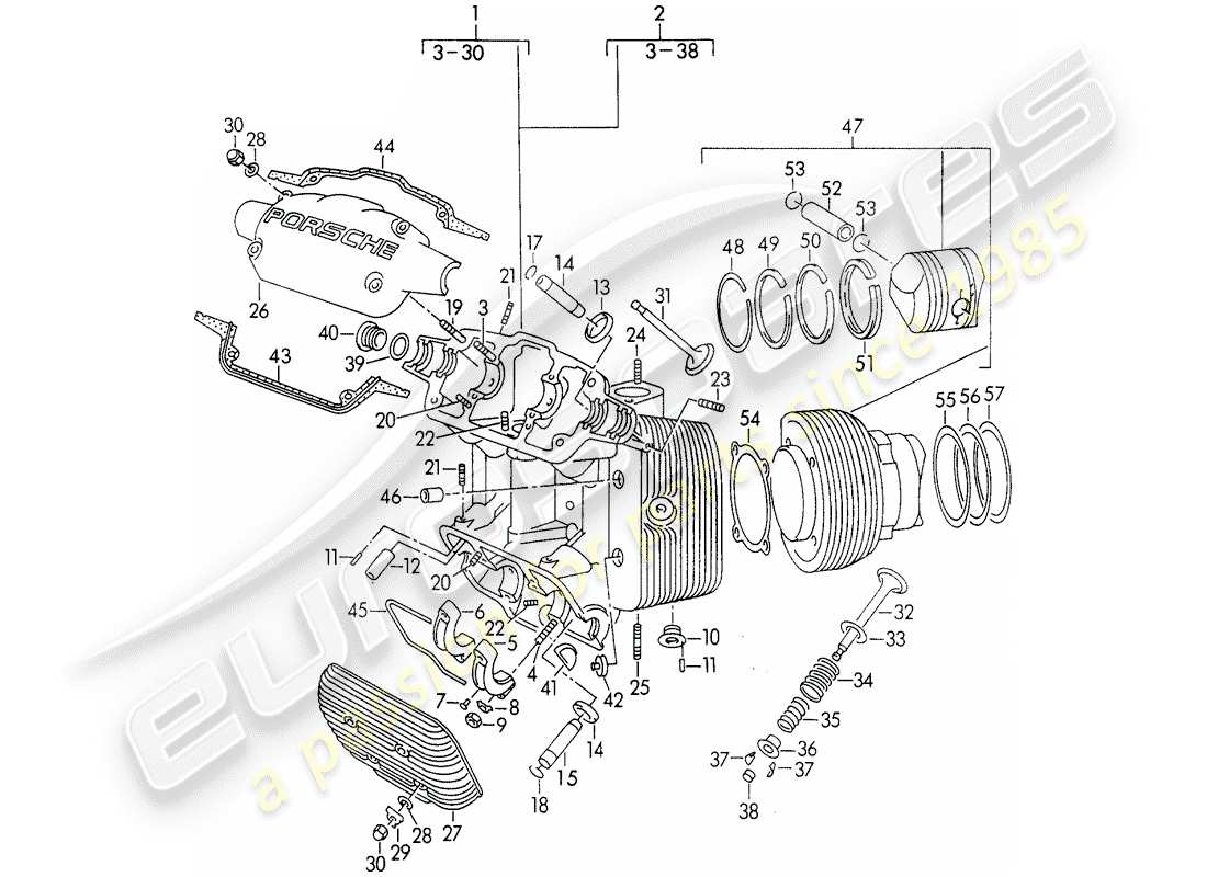 porsche 356/356a (1959) cylinder head - cylinder with pistons part diagram