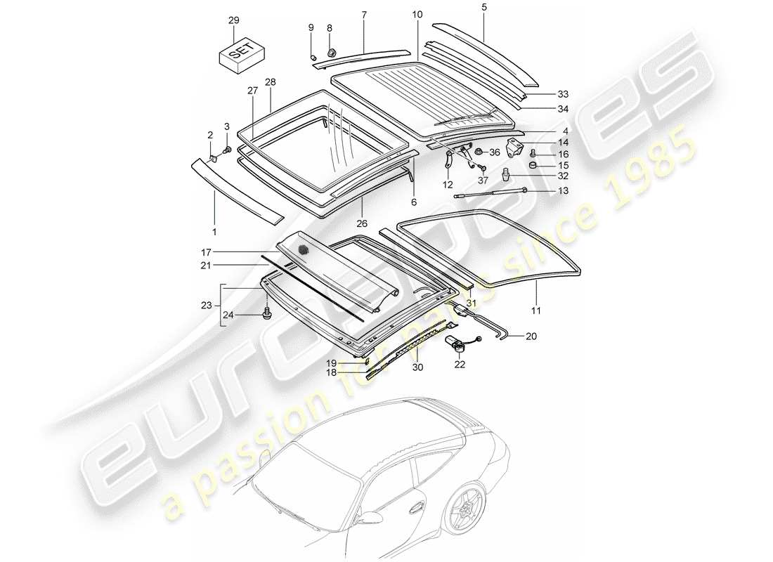 porsche 997 (2007) glass roof part diagram