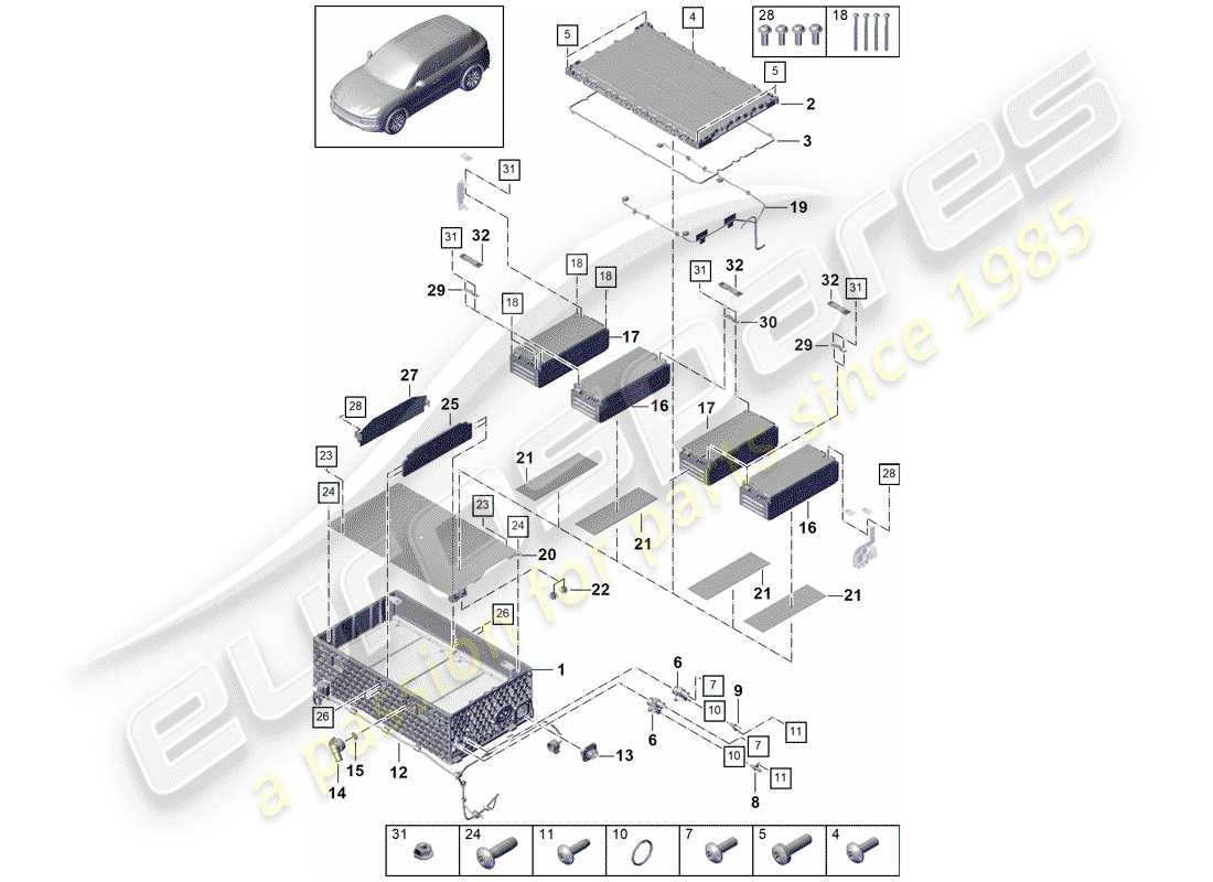 porsche cayenne e3 (2019) hybrid battery part diagram