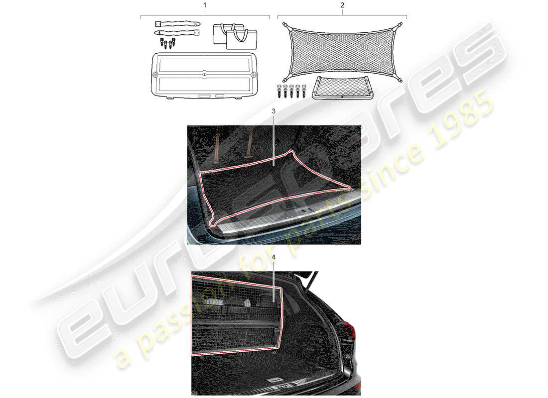 porsche tequipment cayenne (2004) cargo net part diagram