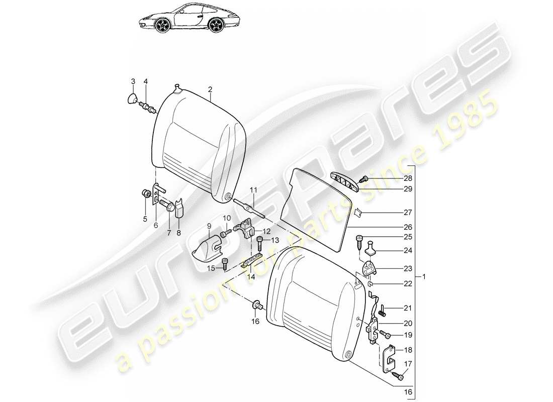 porsche 996 (2002) emergency seat backrest part diagram