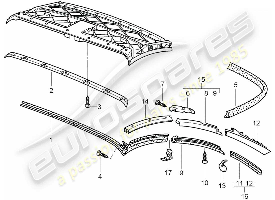 porsche 996 (2002) convertible top - seal strip part diagram