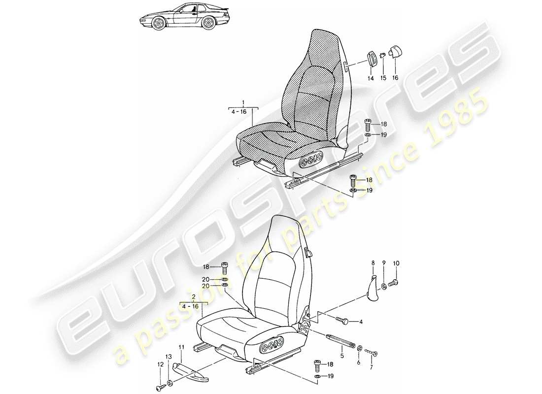 porsche seat 944/968/911/928 (1987) front seat - complete - all-electric - d - mj 1994>> - mj 1995 part diagram