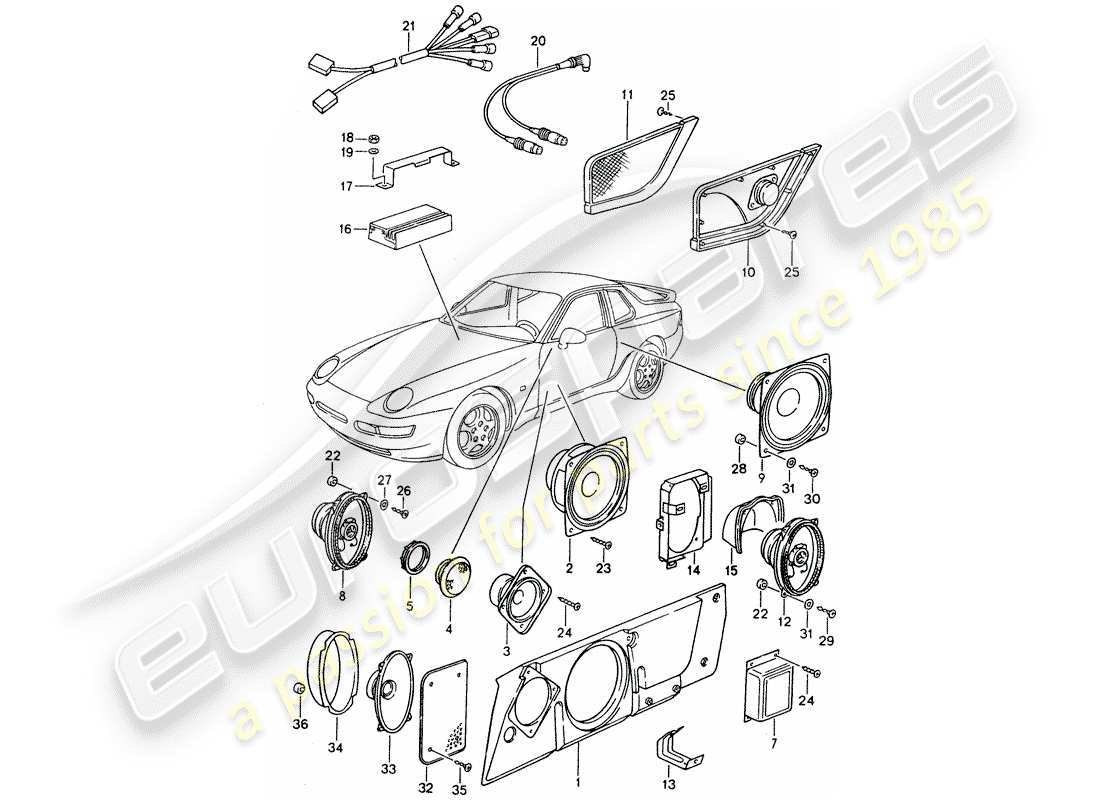 porsche 968 (1995) loudspeaker - sound system - amplifier - d >> - mj 1993 part diagram