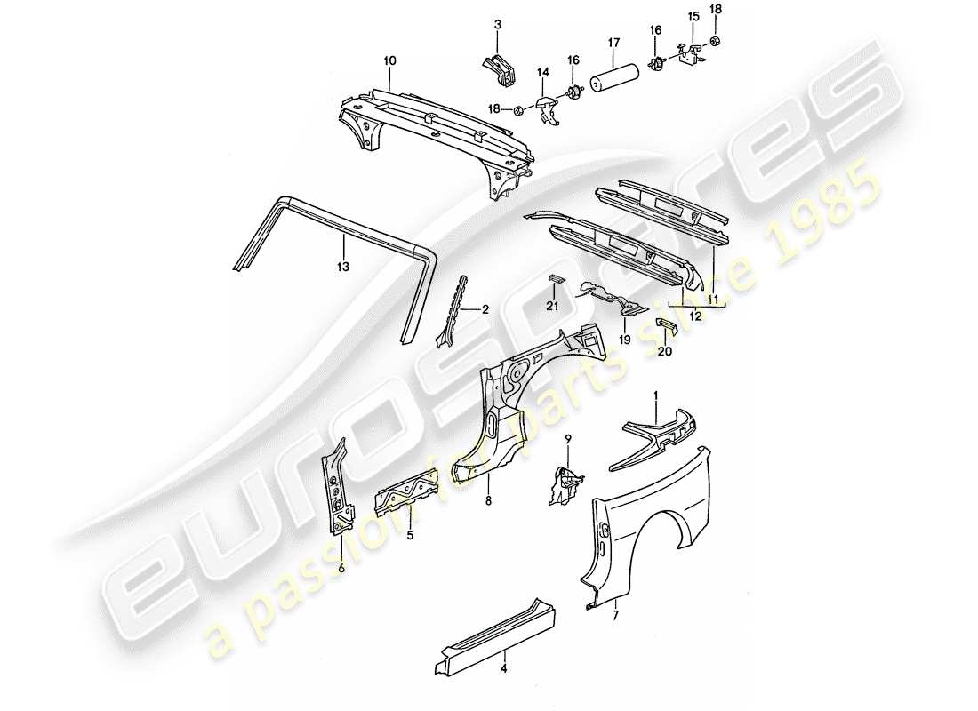 porsche 944 (1990) side panel - windshield frame - end plate part diagram